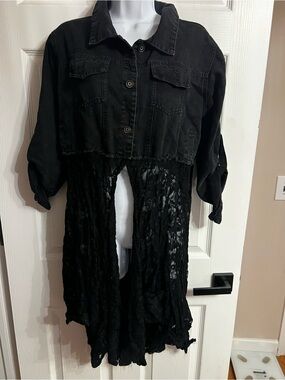 Black Distressed Lace-Trim Jean Jacket Size L/XL